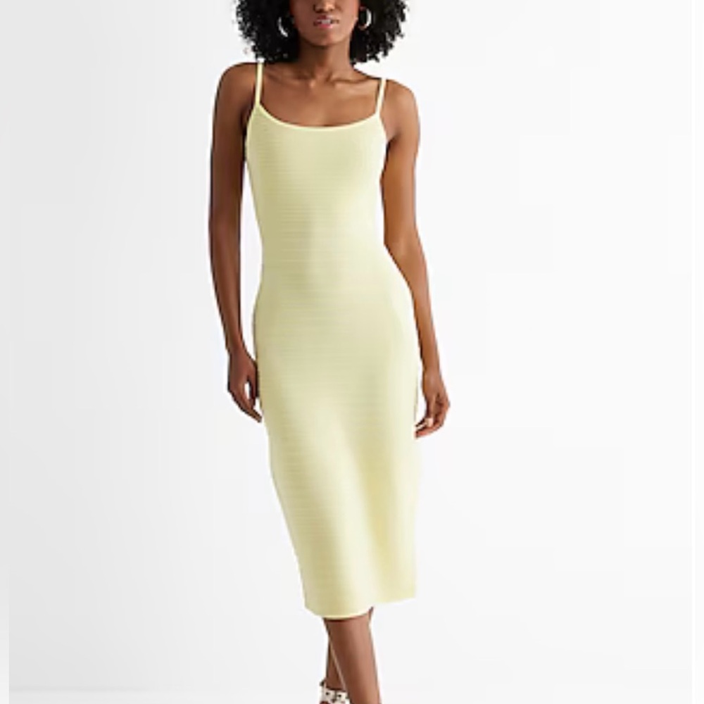Express Yellow Body Contour Ribbed Midi Sweater Dress
